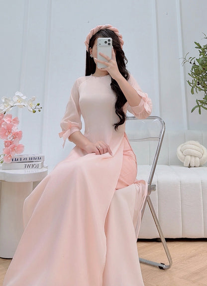 Pastel Pink Vietnamese Modern Ao Dai Set - Women Ao Dai Tie Bow Sleeves - Headpiece