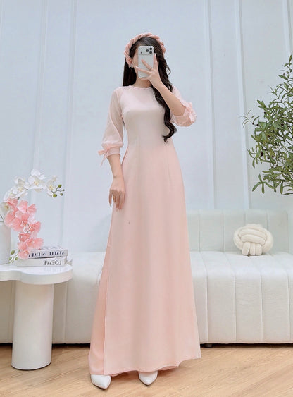 Pastel Pink Vietnamese Modern Ao Dai Set - Women Ao Dai Tie Bow Sleeves - Headpiece