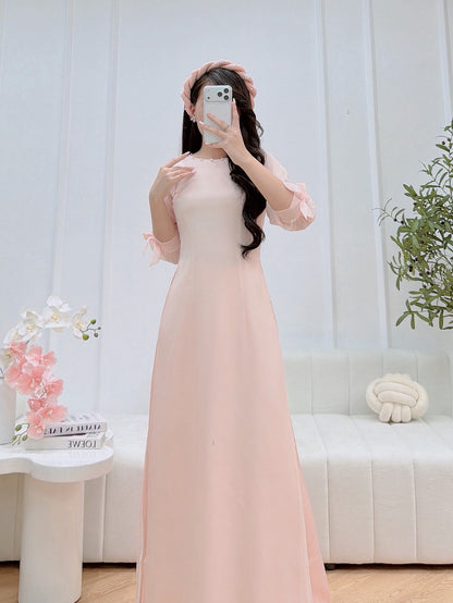 Pastel Pink Vietnamese Modern Ao Dai Set - Women Ao Dai Tie Bow Sleeves - Headpiece