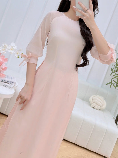 Pastel Pink Vietnamese Modern Ao Dai Set - Women Ao Dai Tie Bow Sleeves - Headpiece
