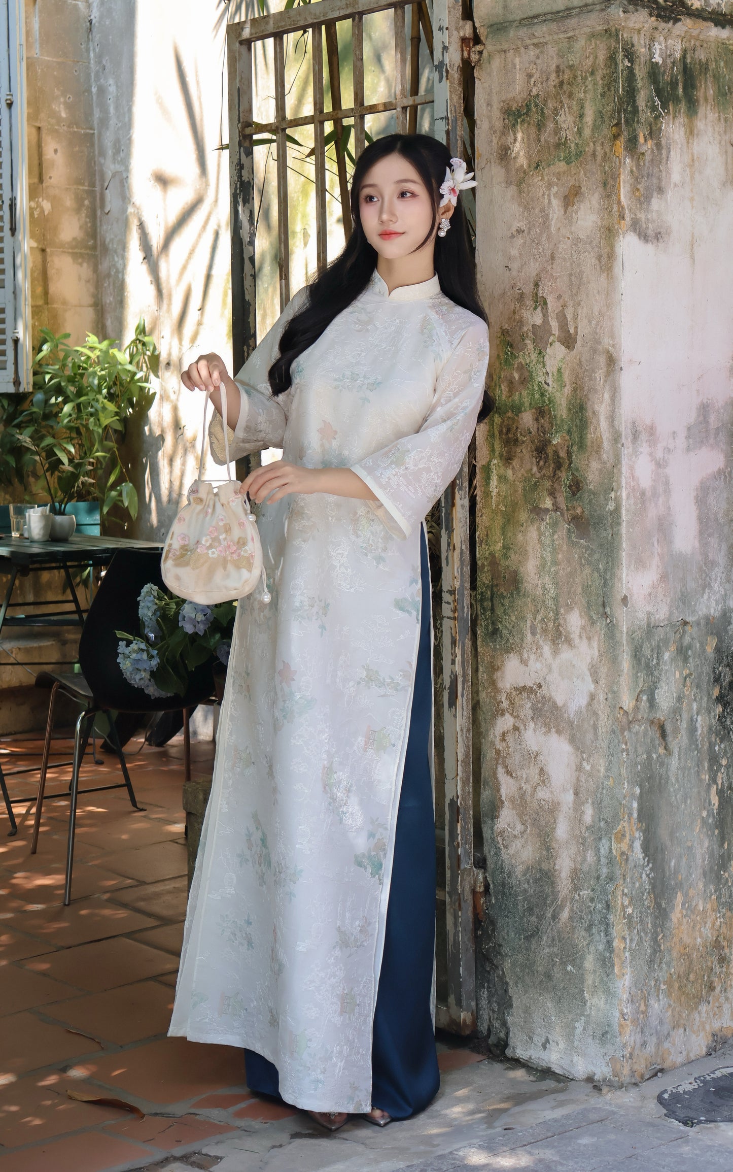 TRANG Cream Ao Dai with Flower Embroidery | Vietnamese ao dai for women | With pants