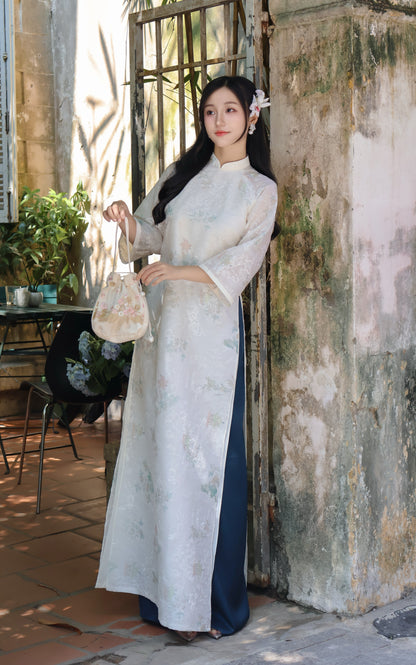 TRANG Cream Ao Dai with Flower Embroidery | Vietnamese ao dai for women | With pants
