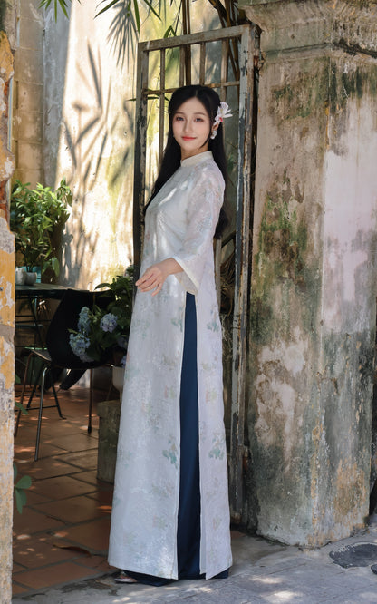 TRANG Cream Ao Dai with Flower Embroidery | Vietnamese ao dai for women | With pants