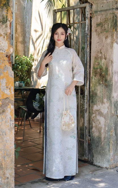 TRANG Cream Ao Dai with Flower Embroidery | Vietnamese ao dai for women | With pants