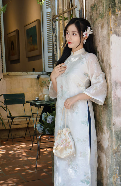 TRANG Cream Ao Dai with Flower Embroidery | Vietnamese ao dai for women | With pants
