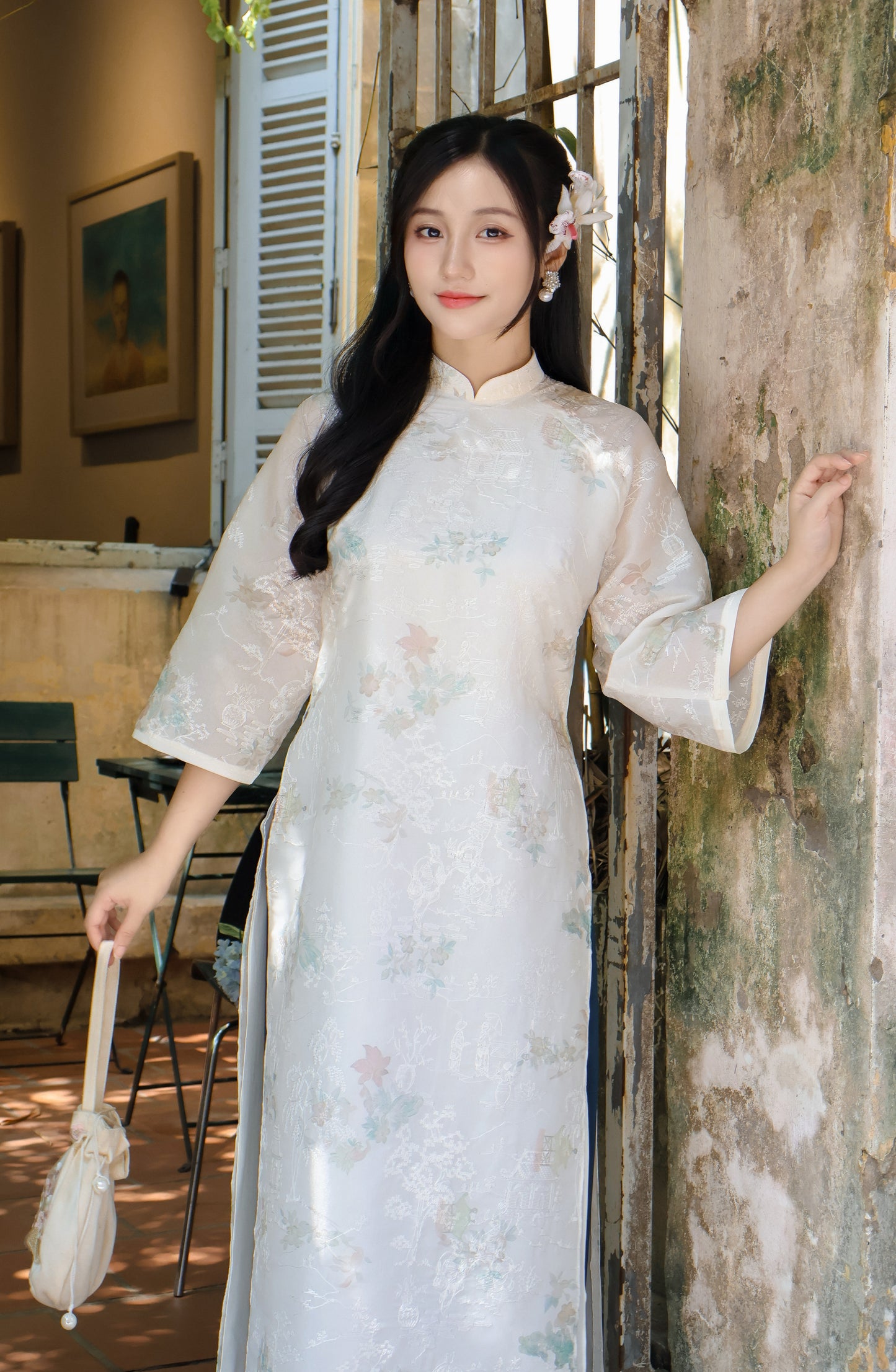 TRANG Cream Ao Dai with Flower Embroidery | Vietnamese ao dai for women | With pants
