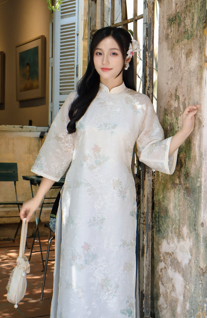 TRANG Cream Ao Dai with Flower Embroidery | Vietnamese ao dai for women | With pants
