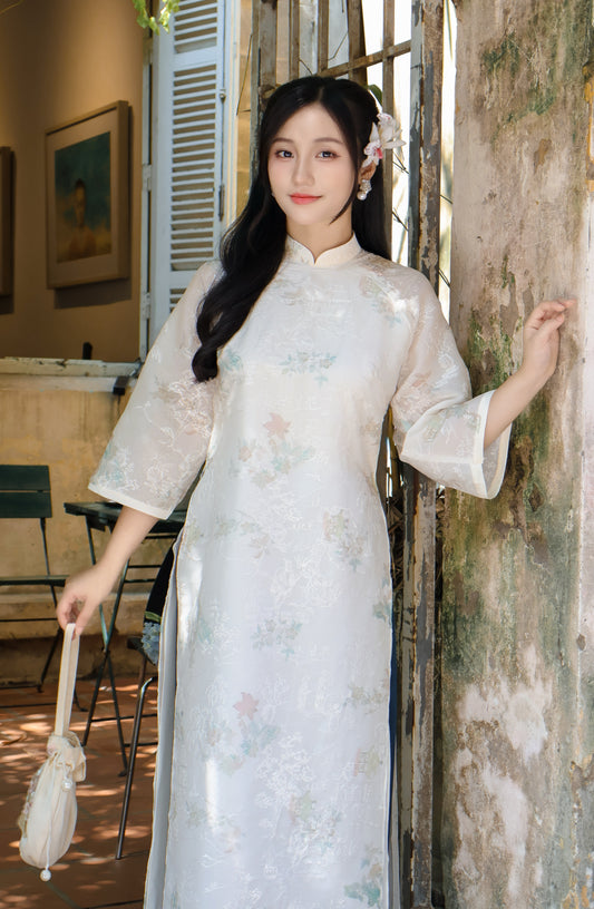 TRANG Cream Ao Dai with Flower Embroidery | Vietnamese ao dai for women | With pants