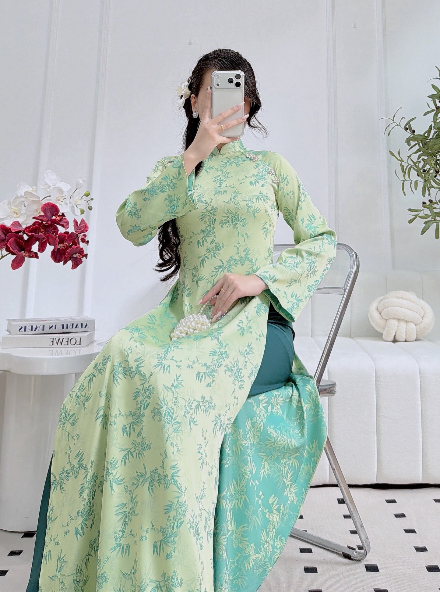 Elegant Green Bamboo Pattern Áo Dài - Traditional Vietnamese Dress for Women