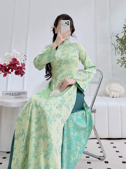 Elegant Green Bamboo Pattern Áo Dài - Traditional Vietnamese Dress for Women