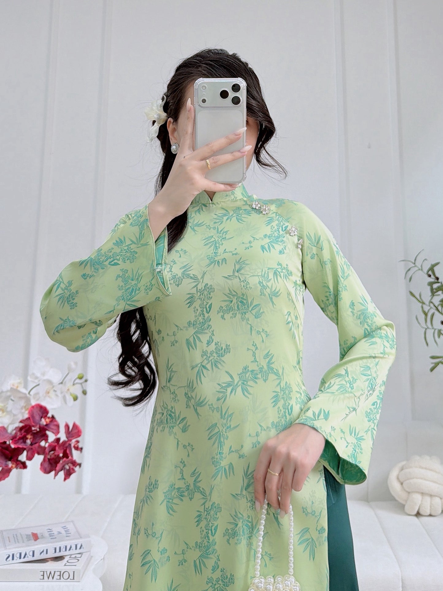 Elegant Green Bamboo Pattern Áo Dài - Traditional Vietnamese Dress for Women