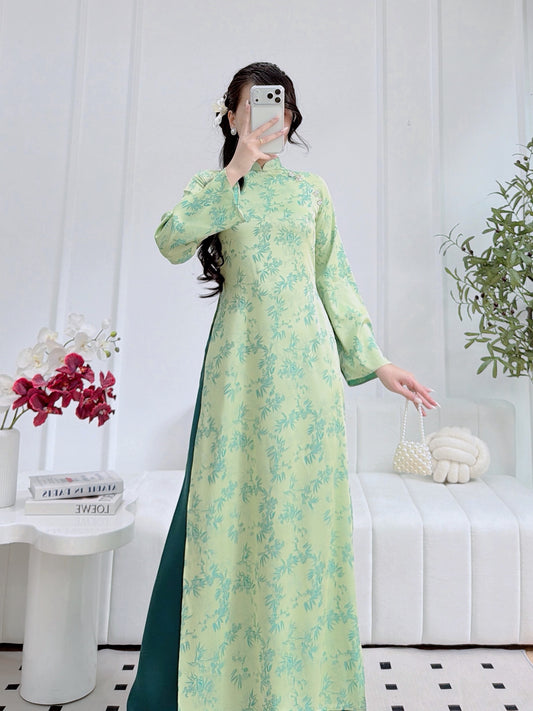 Elegant Green Bamboo Pattern Áo Dài - Traditional Vietnamese Dress for Women