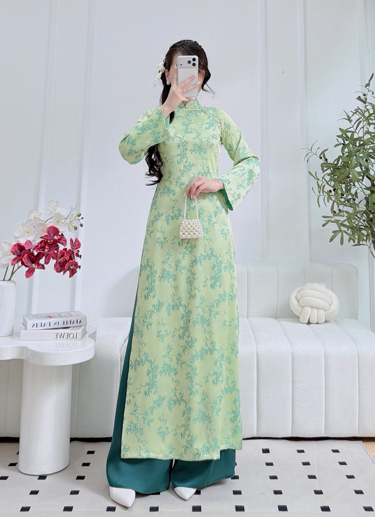 Elegant Green Bamboo Pattern Áo Dài - Traditional Vietnamese Dress for Women