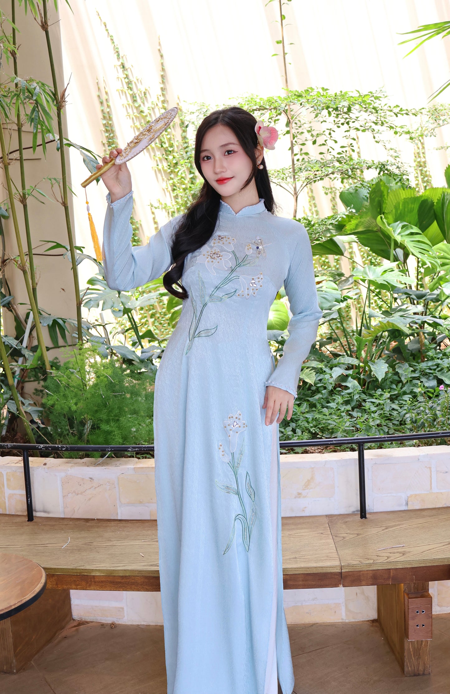 Sequins Lily Mint Vietnamese Ao Dai For Women | Vietnamese long dress with Pants