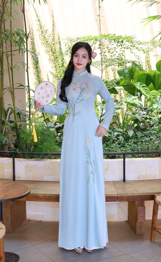 Sequins Lily Mint Vietnamese Ao Dai For Women | Vietnamese long dress with Pants