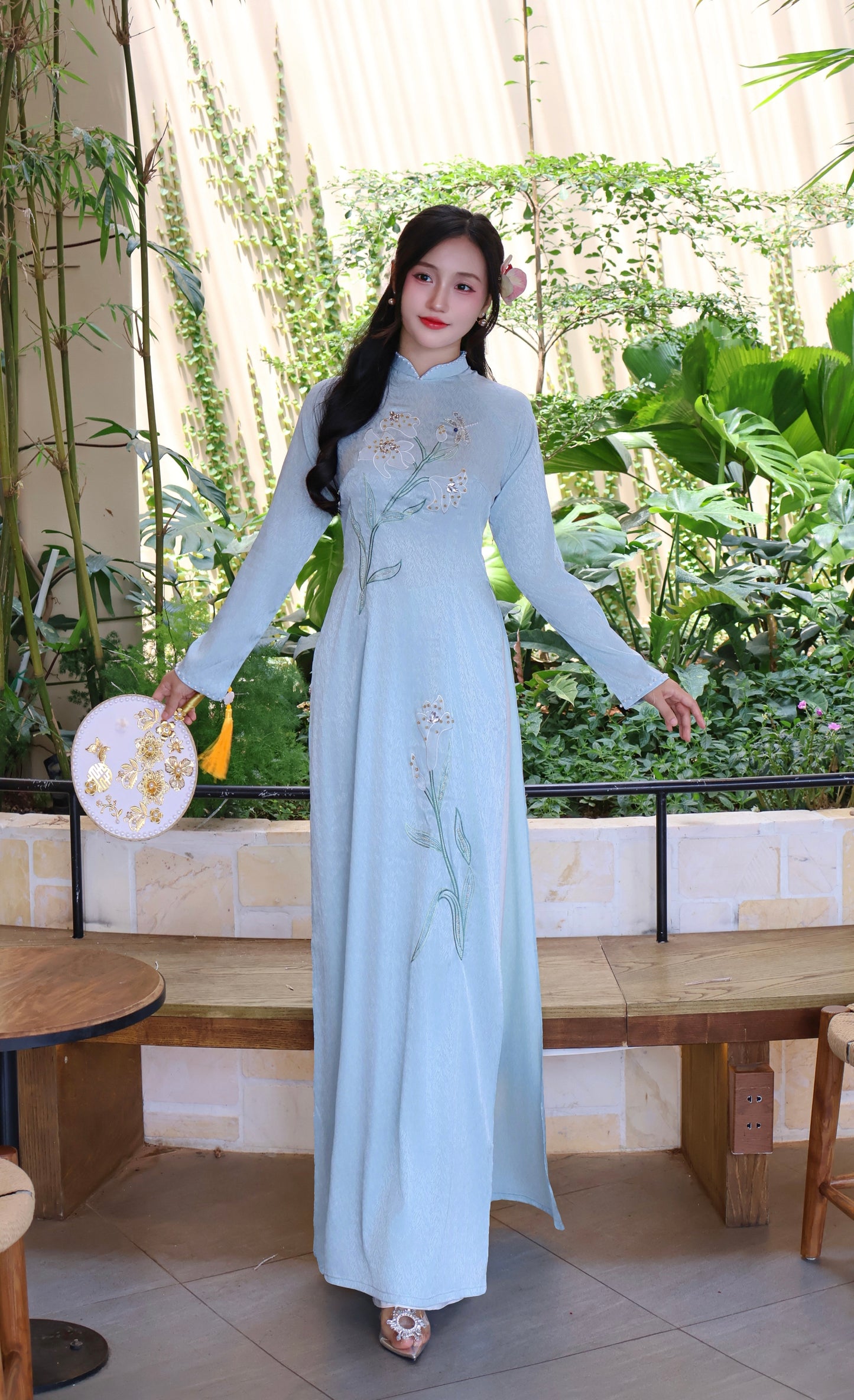 Sequins Lily Mint Vietnamese Ao Dai For Women | Vietnamese long dress with Pants