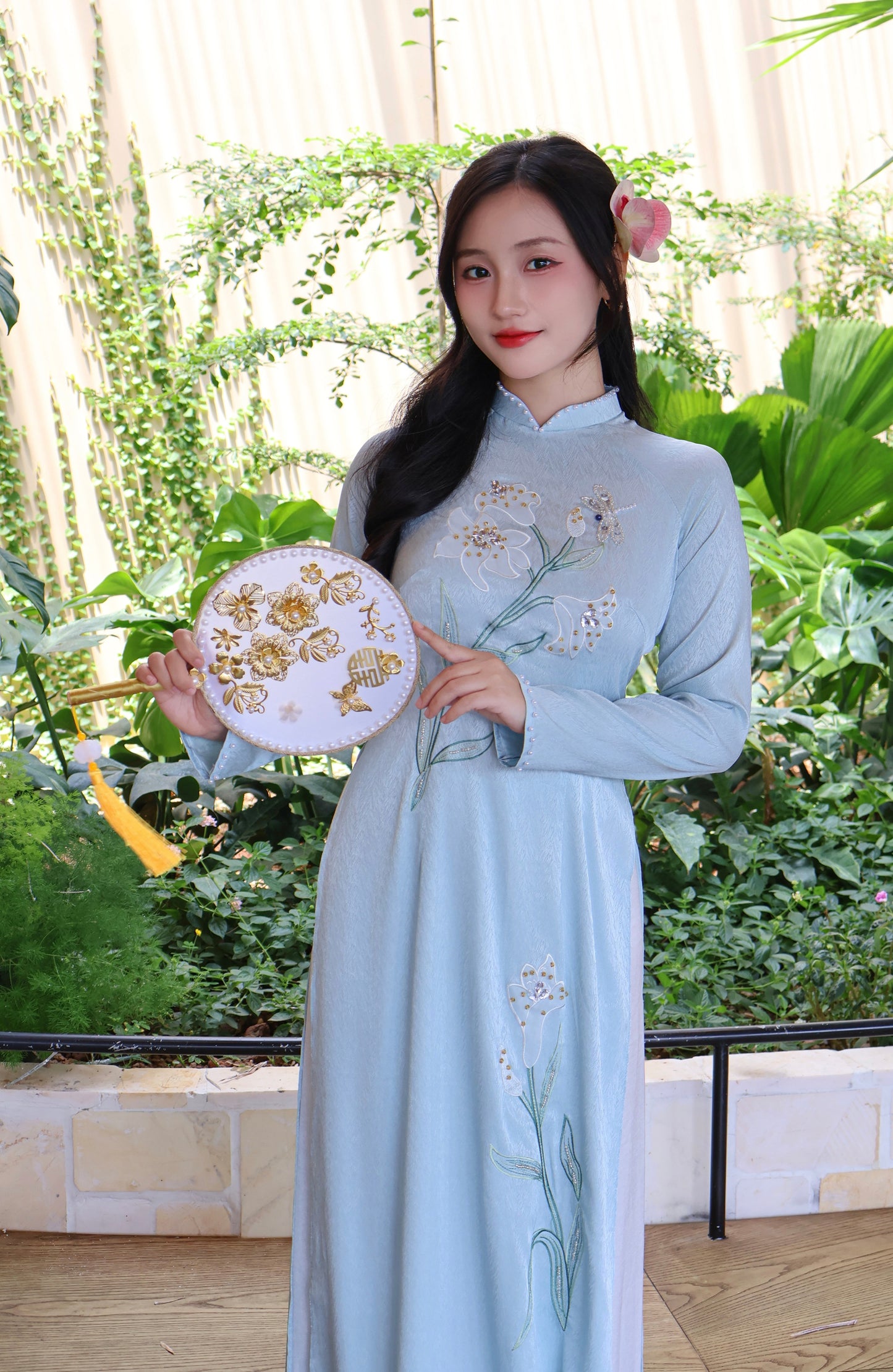 Sequins Lily Mint Vietnamese Ao Dai For Women | Vietnamese long dress with Pants