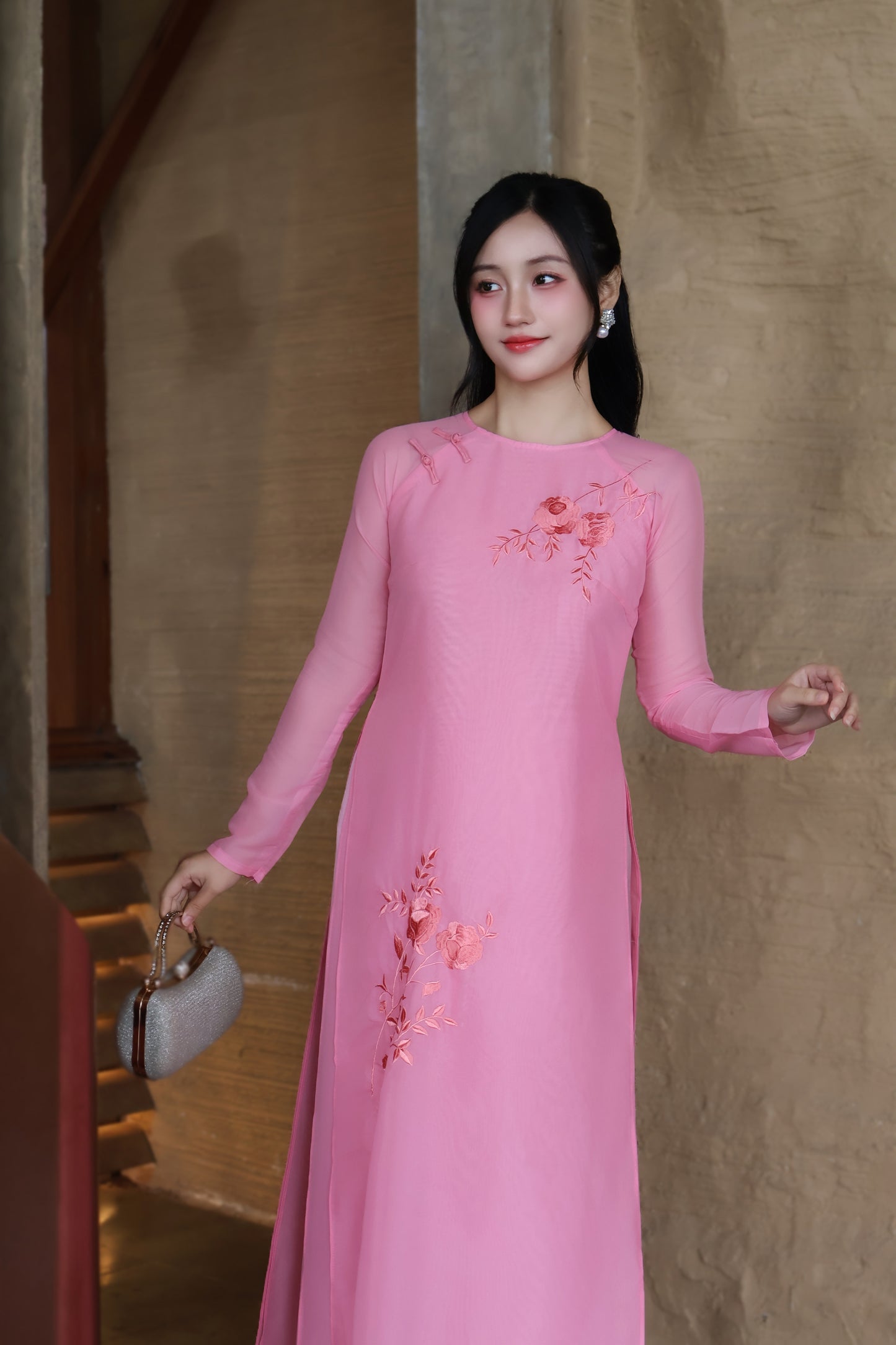 TRANG Strawberry chiffon Ao Dai set | Modern Vietnamese ao dai for women
