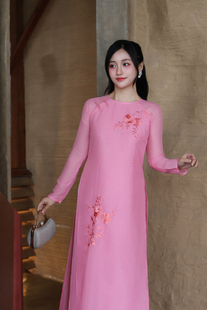 TRANG Strawberry chiffon Ao Dai set | Modern Vietnamese ao dai for women