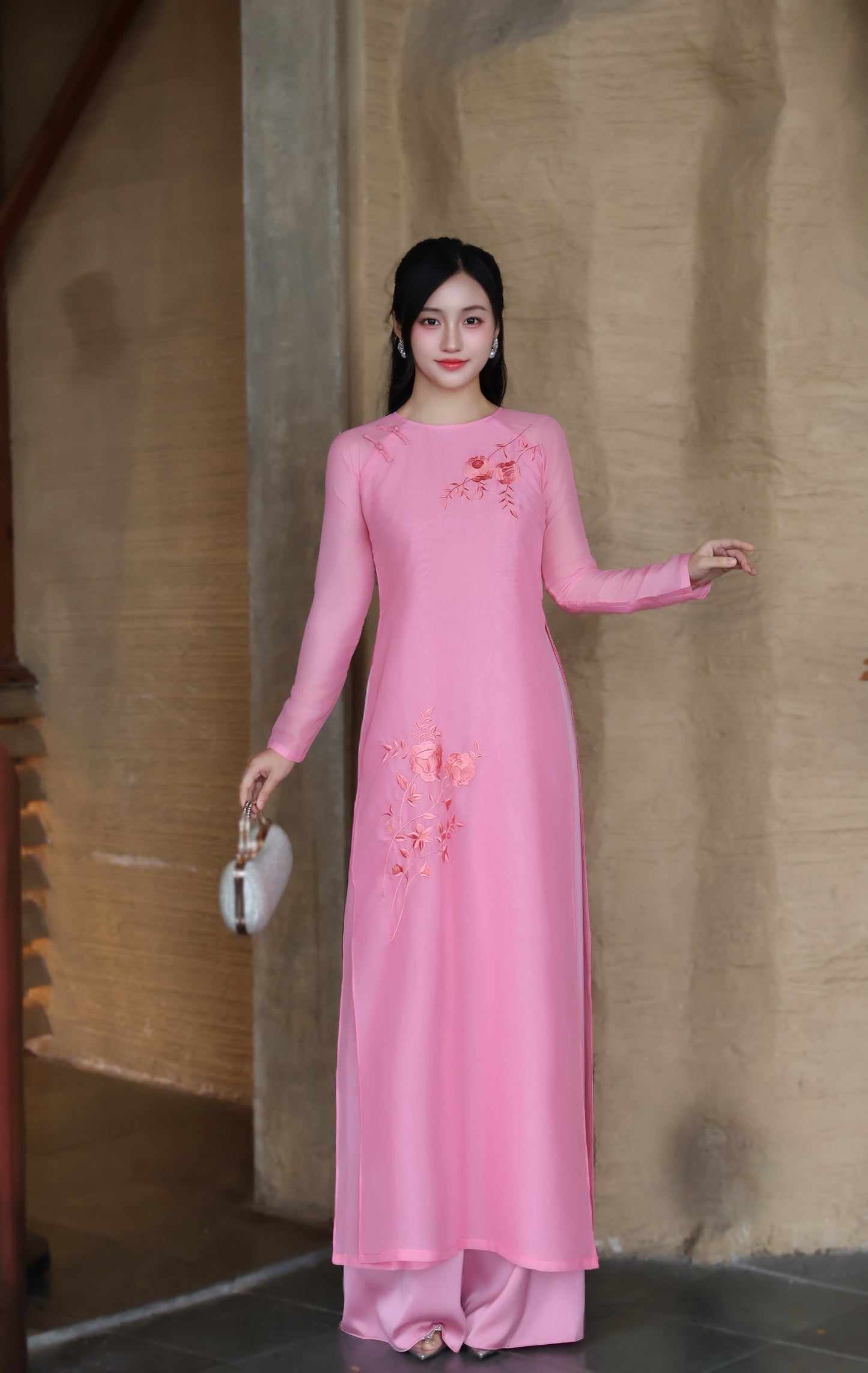 TRANG Strawberry chiffon Ao Dai set | Modern Vietnamese ao dai for women