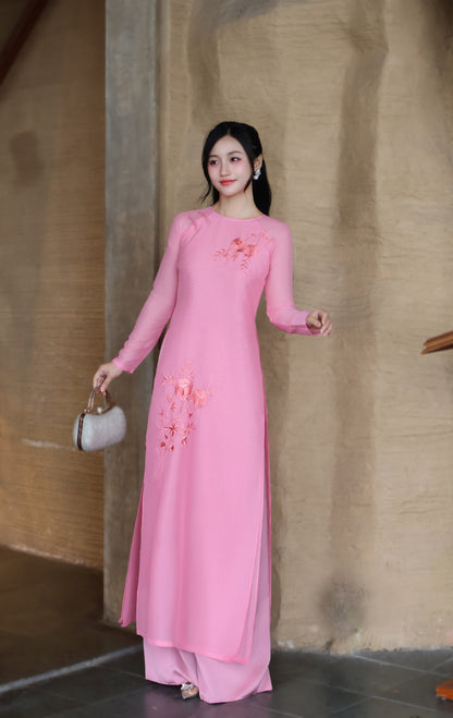 TRANG Strawberry chiffon Ao Dai set | Modern Vietnamese ao dai for women