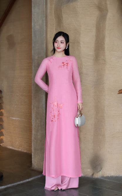 TRANG Strawberry chiffon Ao Dai set | Modern Vietnamese ao dai for women