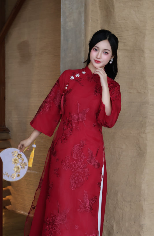 HOA Red Ao Dai Top | Modern Vietnamese ao dai for women | NO pants