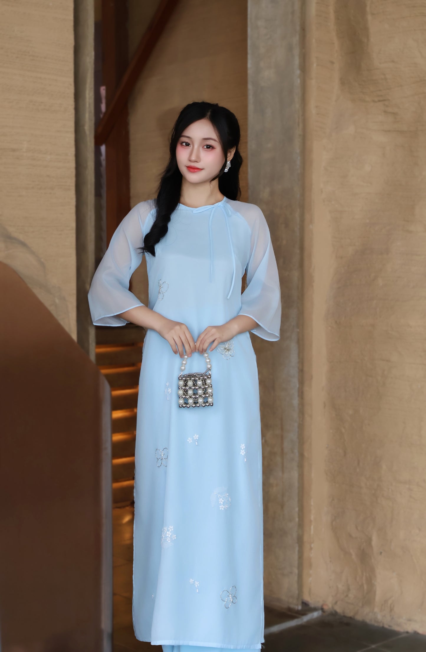 ERIN Light blue ao dai with beaded floral | Modern Ao dai for women
