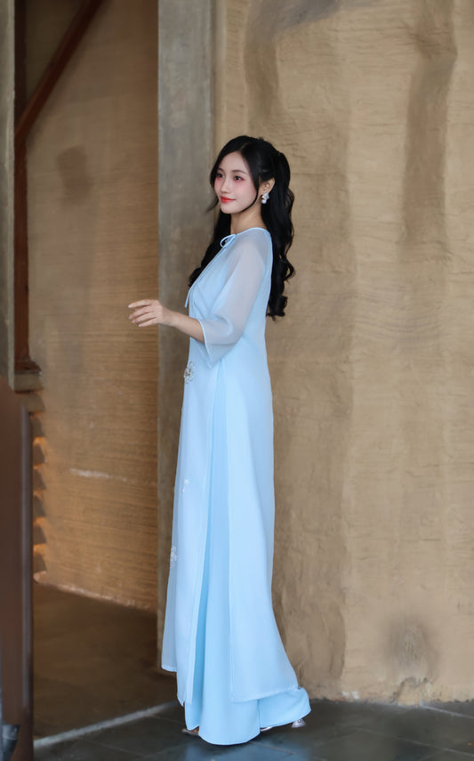 ERIN Light blue ao dai with beaded floral | Modern Ao dai for women