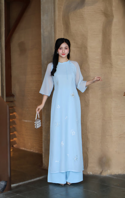 ERIN Light blue ao dai with beaded floral | Modern Ao dai for women