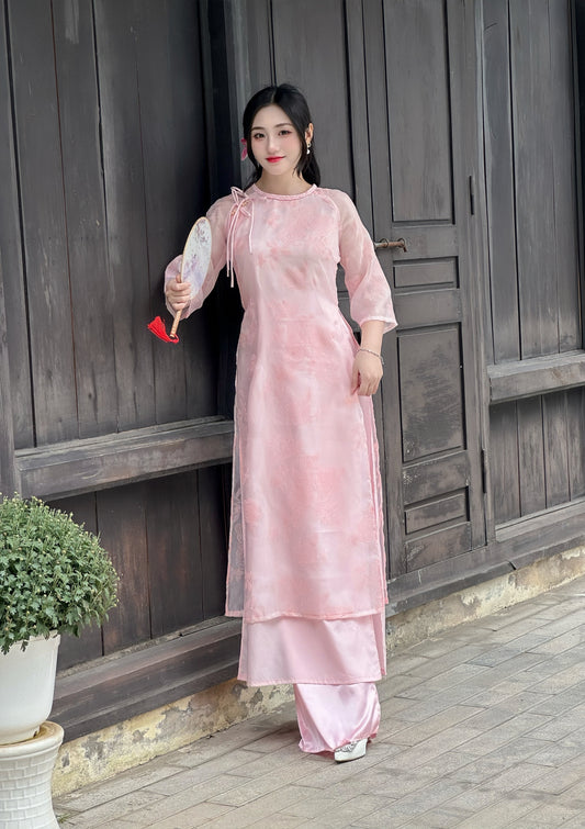 Pre-order: Set Pink Vietnamese Ao Dai with Rose Pattern | Vietnamese Ao Dai Dress