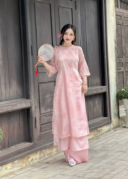 Pre-order: Set Pink Vietnamese Ao Dai with Rose Pattern | Vietnamese Ao Dai Dress