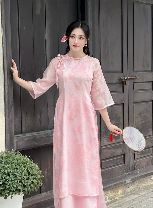 Pre-order: Set Pink Vietnamese Ao Dai with Rose Pattern | Vietnamese Ao Dai Dress