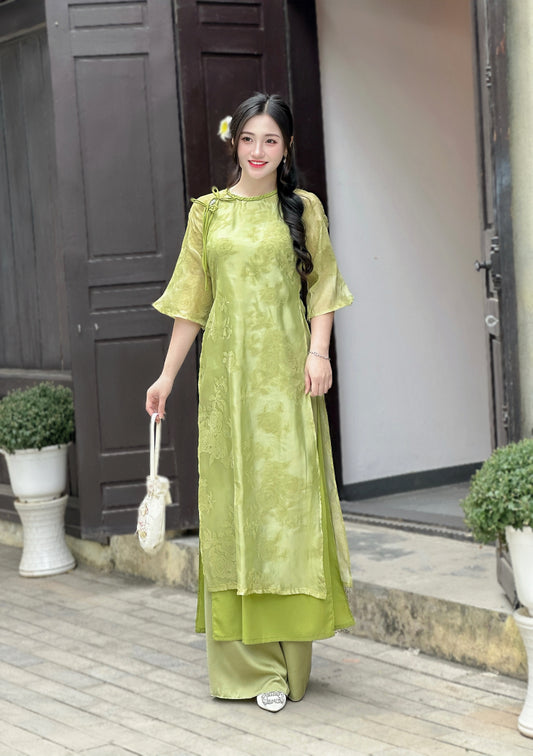 Re-order: Sage Green Vietnamese Ao Dai with Tie Bow Shoulder | Elegant Bridesmaid Dress | With Pants