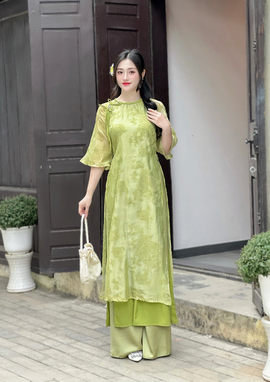 Re-order: Sage Green Vietnamese Ao Dai with Tie Bow Shoulder | Elegant Bridesmaid Dress | With Pants