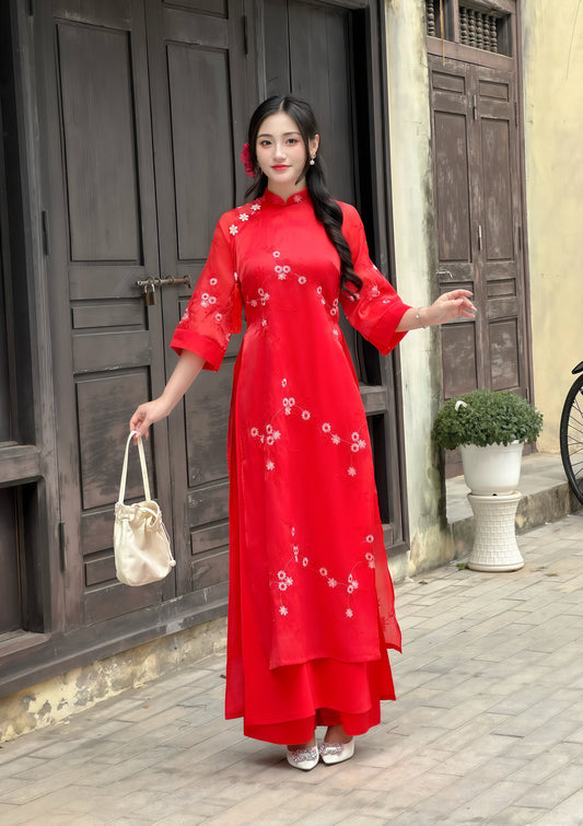 Red modern ao dai with embroidery flowers| áo dài cách tân | Ao dai women | With pants