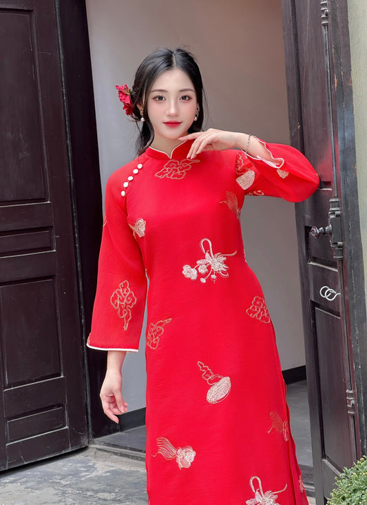Red modern ao dai with embroidered Clouds | áo dài cách tân | Ao dai women | NO pants