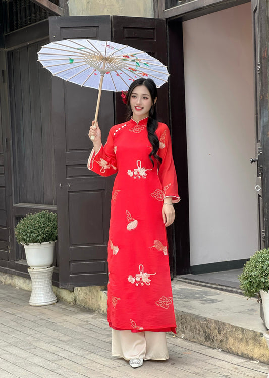 Red modern ao dai with embroidered Clouds | áo dài cách tân | Ao dai women | NO pants