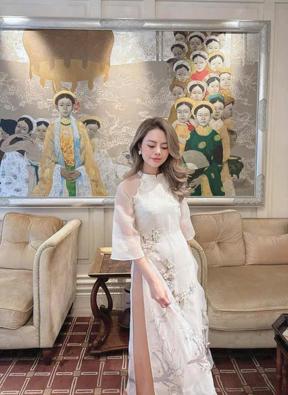 LINH LAN Ao Dai -  White 3D Floral Vietnamese Ao Dai