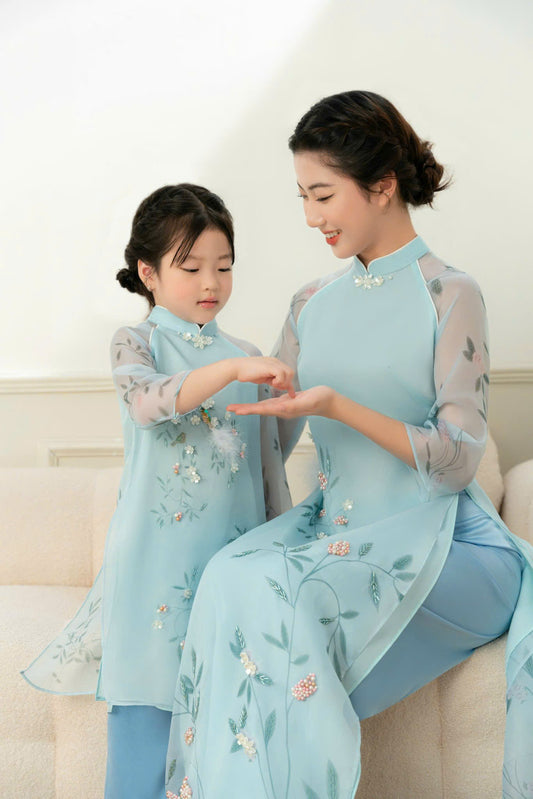 Blue Sparkle Ao Dai Matching Mother Daughter | Áo Dài Đôi Mẹ và Bé Gái