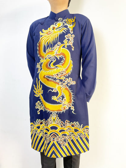 Navy Blue Men Ao Dai With  Dragon Embroidered  - Traditional Ao Dai Men