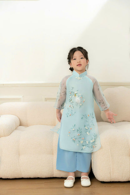 Blue Sparkle Ao Dai Matching Mother Daughter | Áo Dài Đôi Mẹ và Bé Gái