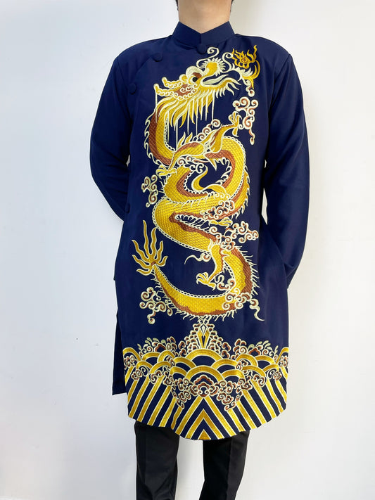 Navy Blue Men Ao Dai With  Dragon Embroidered  - Traditional Ao Dai Men