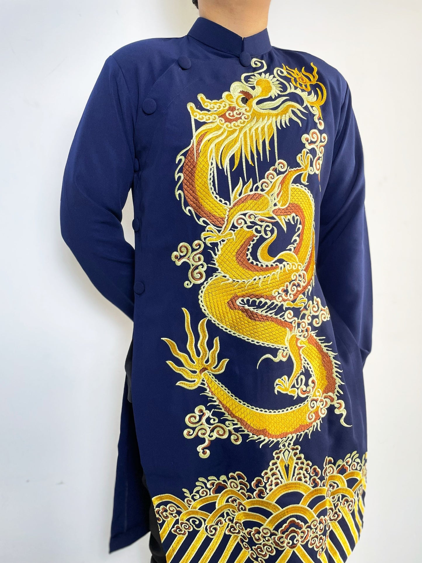 Navy Blue Men Ao Dai With  Dragon Embroidered  - Traditional Ao Dai Men