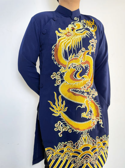 Navy Blue Men Ao Dai With  Dragon Embroidered  - Traditional Ao Dai Men