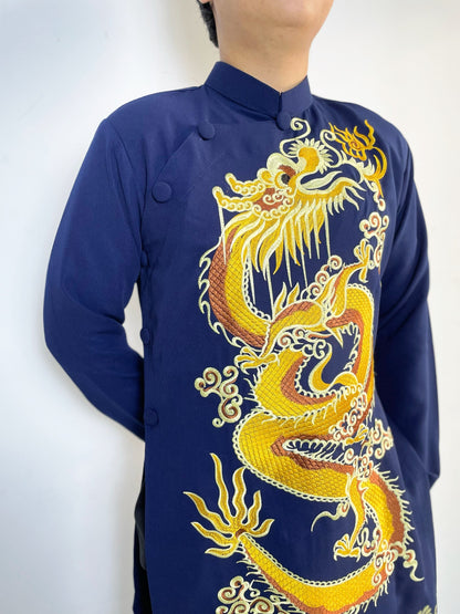Navy Blue Men Ao Dai With  Dragon Embroidered  - Traditional Ao Dai Men