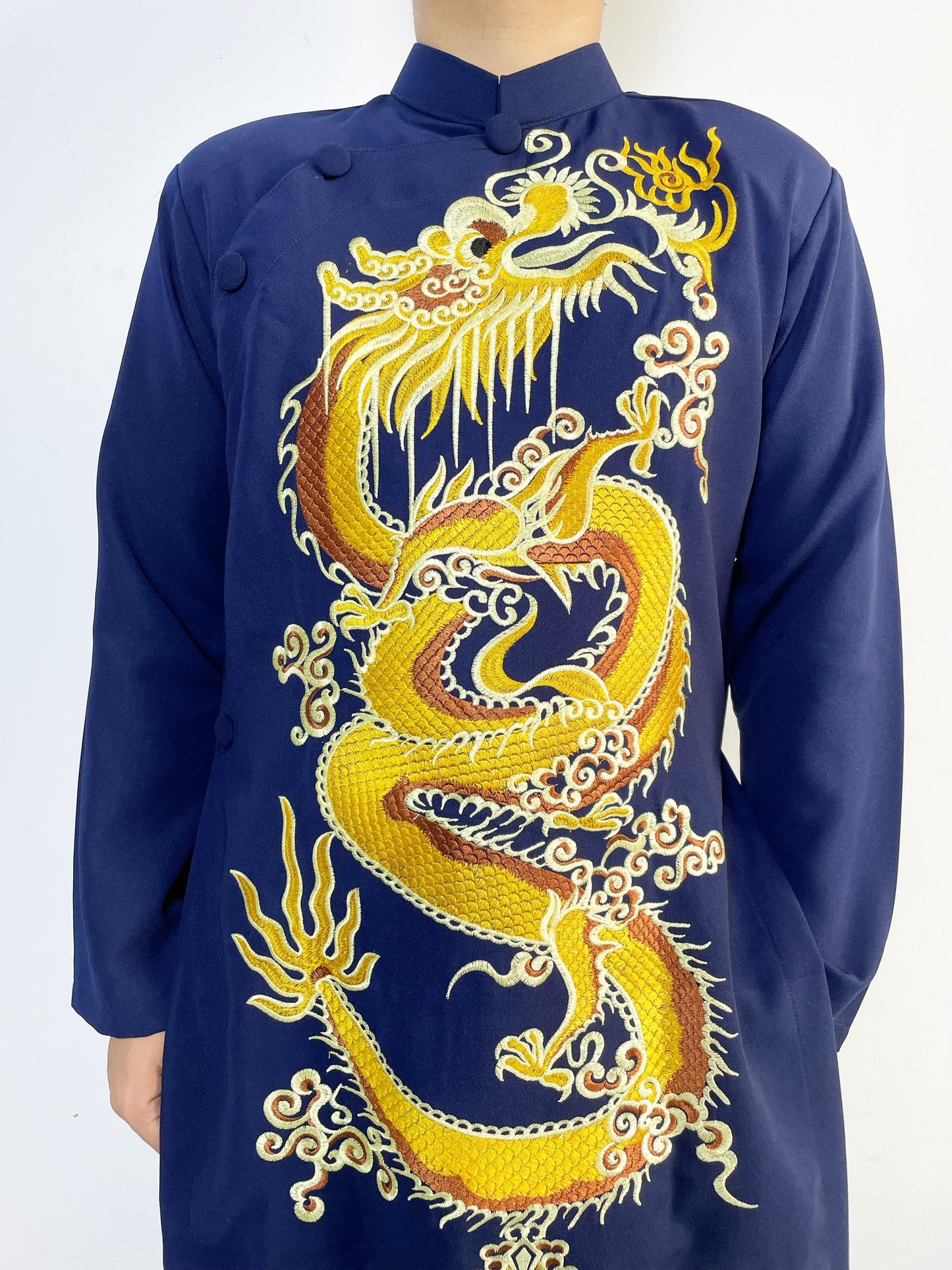 Navy Blue Men Ao Dai With  Dragon Embroidered  - Traditional Ao Dai Men