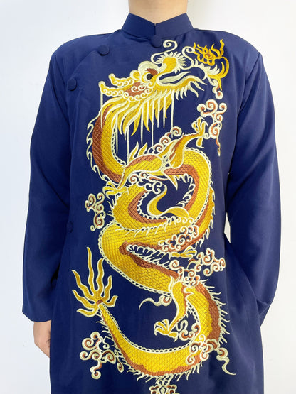 Navy Blue Men Ao Dai With  Dragon Embroidered  - Traditional Ao Dai Men