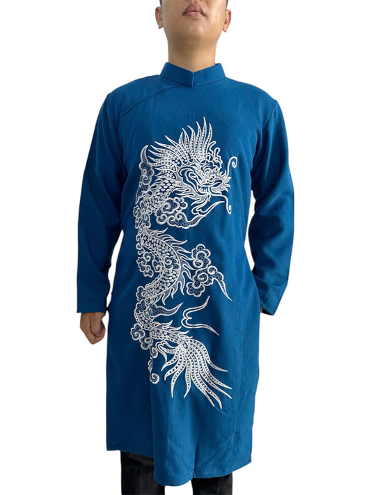 Blue Ao Dai Men with White Dragon Embroidery | Modern Men Vietnamese Ao Dai