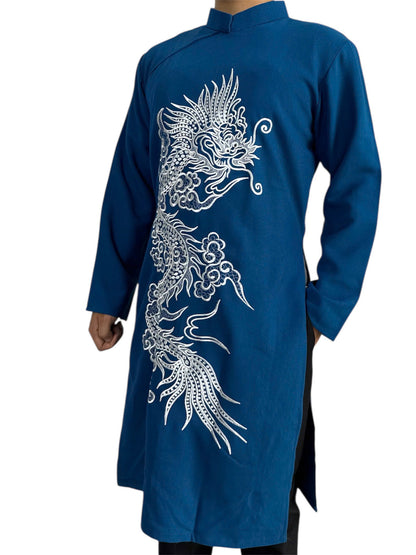 Blue Ao Dai Men with White Dragon Embroidery | Modern Men Vietnamese Ao Dai